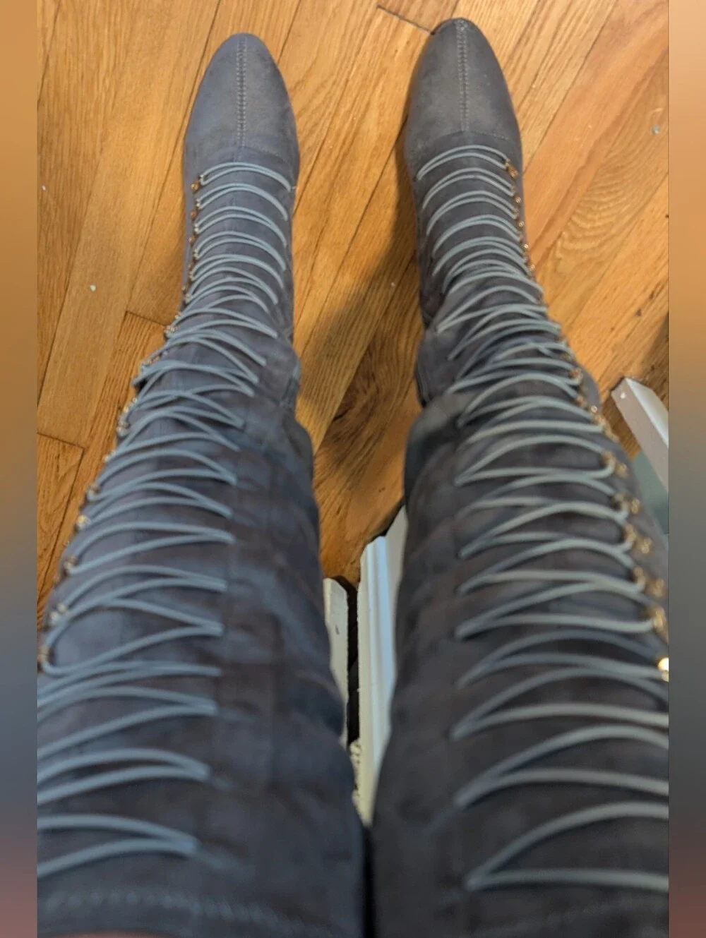 Gray Lace-Up Over-the-Knee Heeled Boots